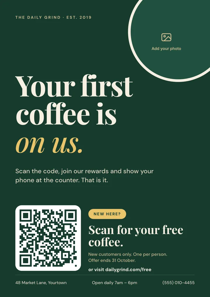 Cafe first-visit offer flyer template with a QR code and a single call to action