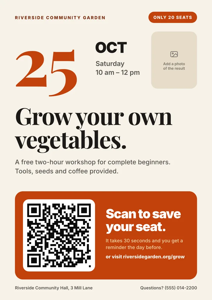 Workshop or event flyer template with a QR code and a single call to action