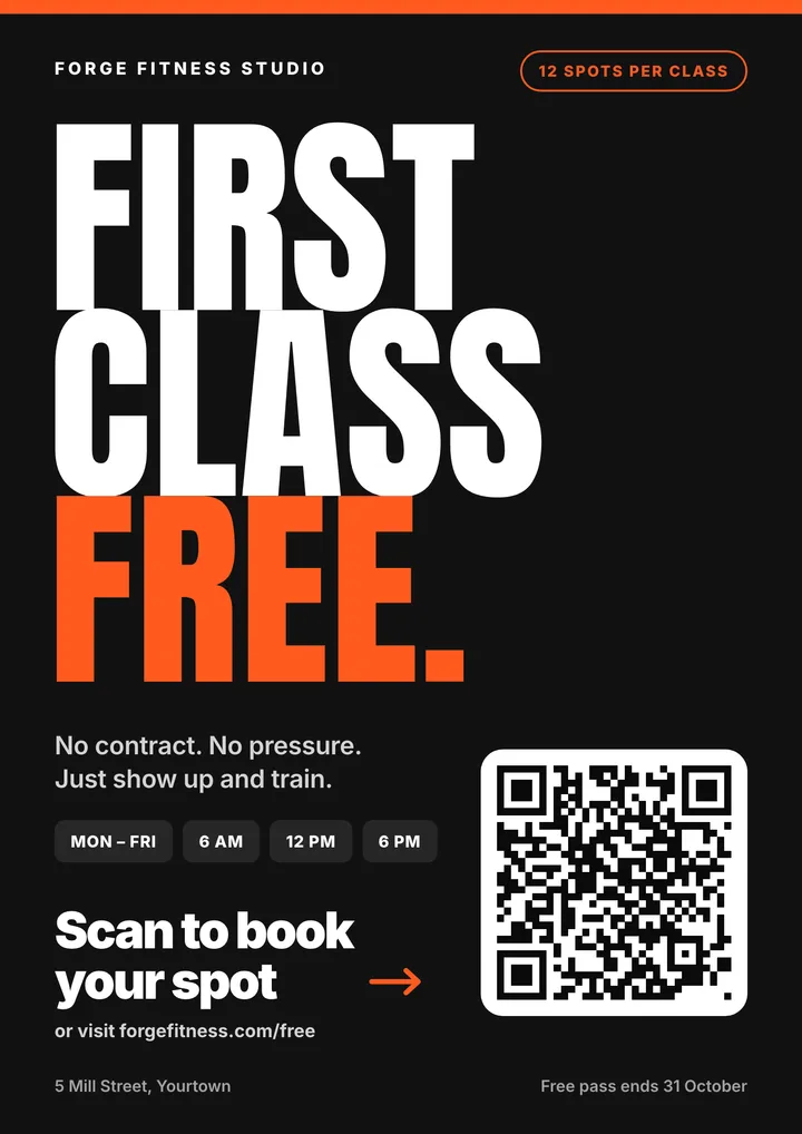 Fitness free class flyer template with a QR code and a single call to action