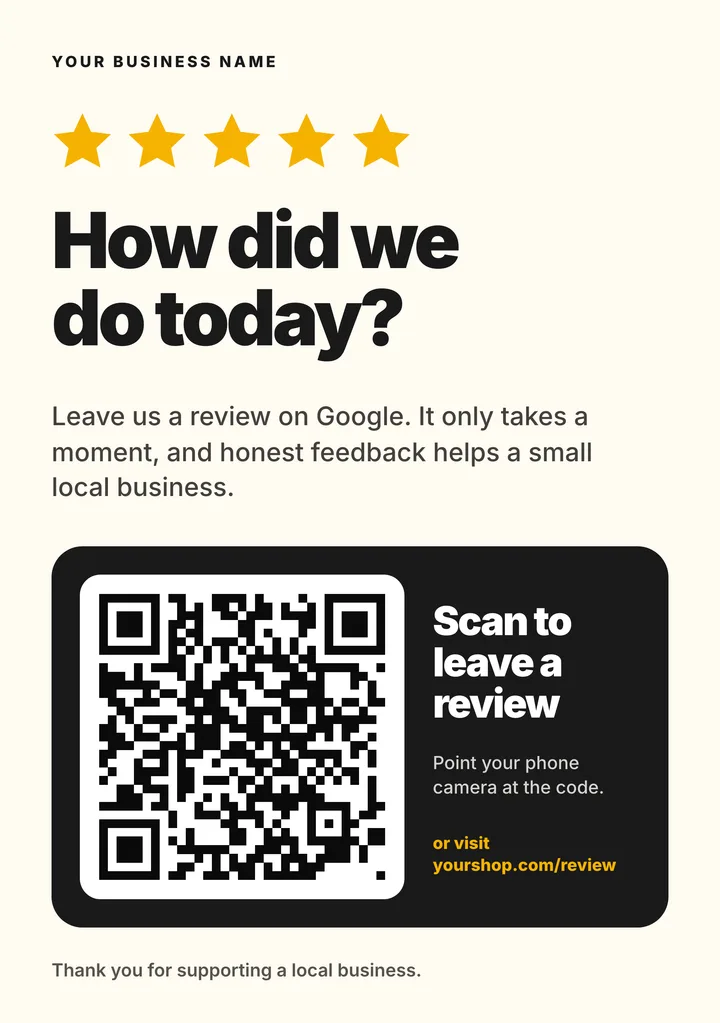 Google review sign template with a QR code