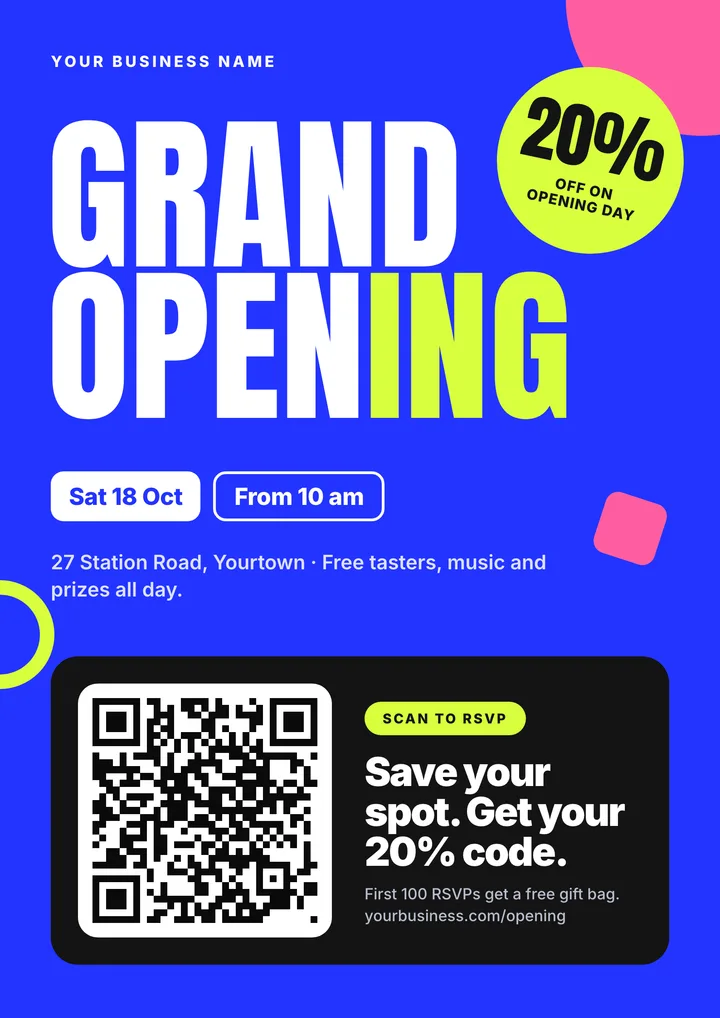Grand opening flyer template with a QR code and a single call to action