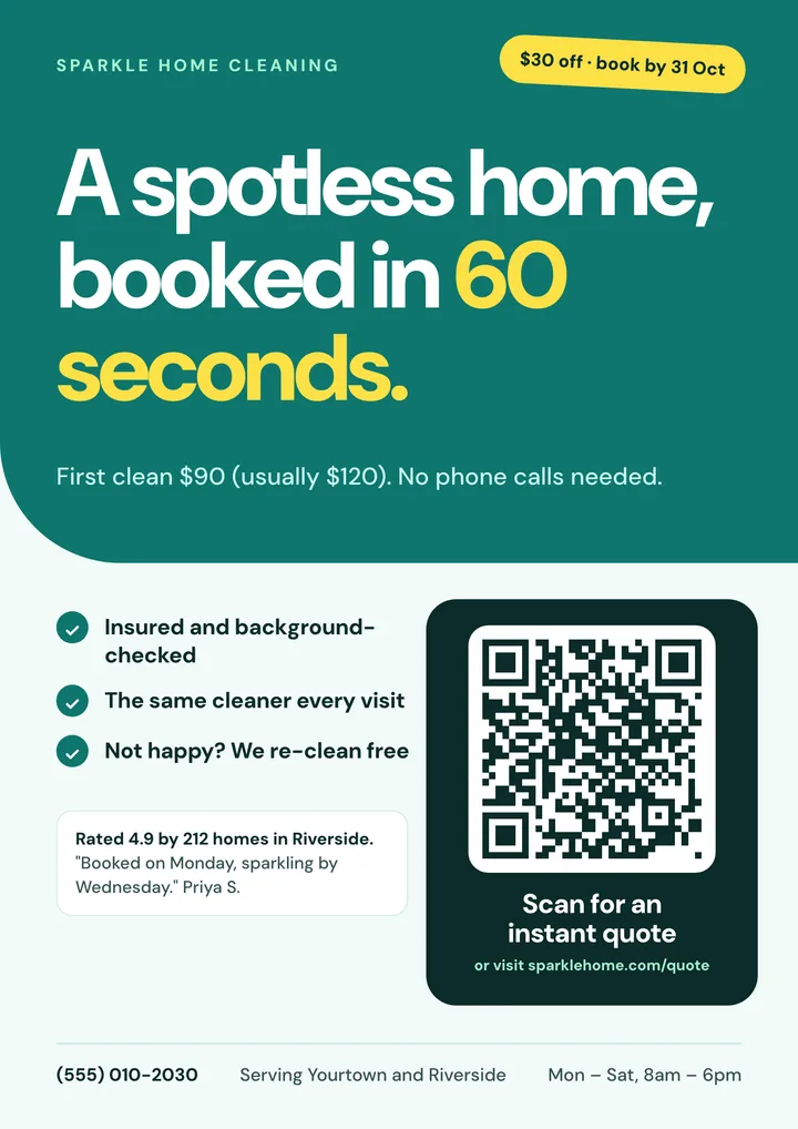 Home cleaning service flyer template with a QR code and a single call to action