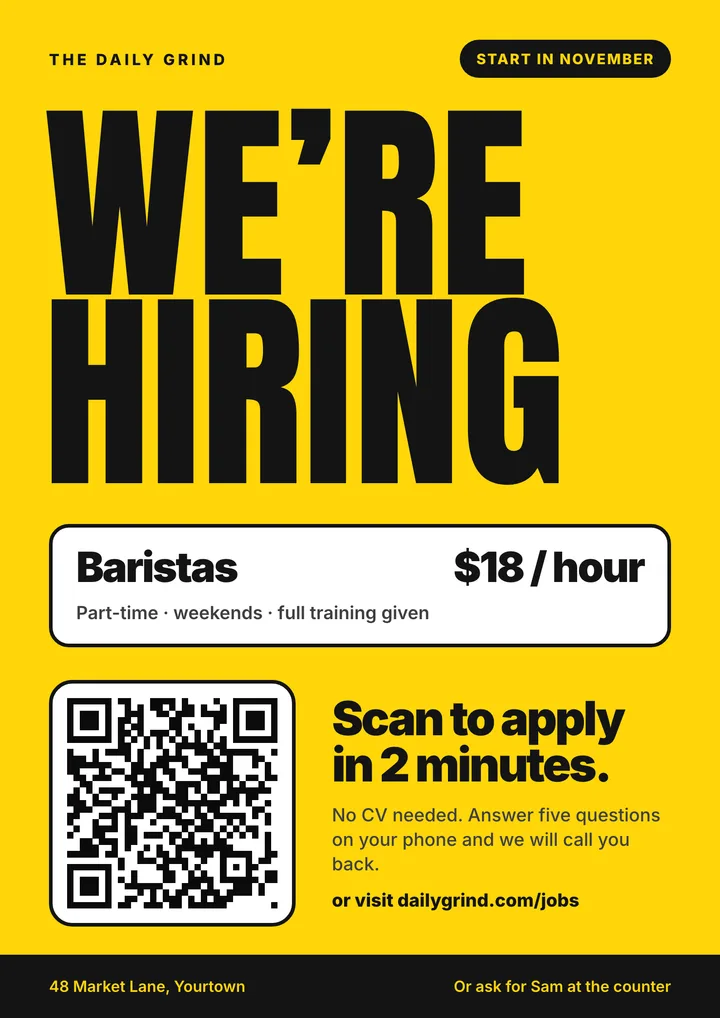 Now hiring flyer template with a QR code and a single call to action