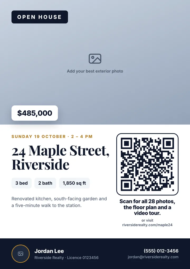 Real estate open house flyer template with a QR code and a single call to action