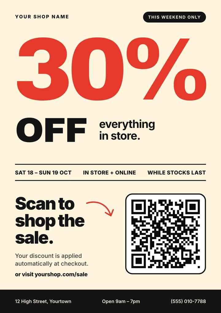 Weekend sale flyer template with a QR code and a single call to action