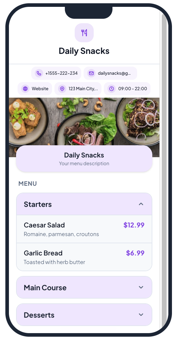 QR code menu preview on a smartphone showing a restaurant menu with categories, items, and prices