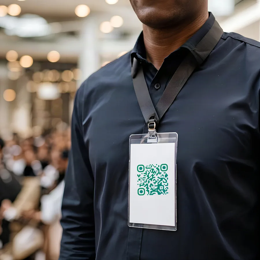 A QR code printed on a conference badge worn on a lanyard.