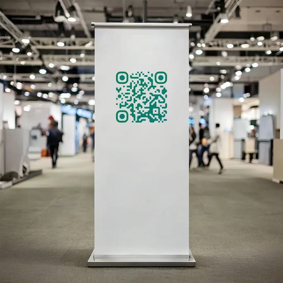 A QR code printed on a tall exhibition banner stand in a hall.