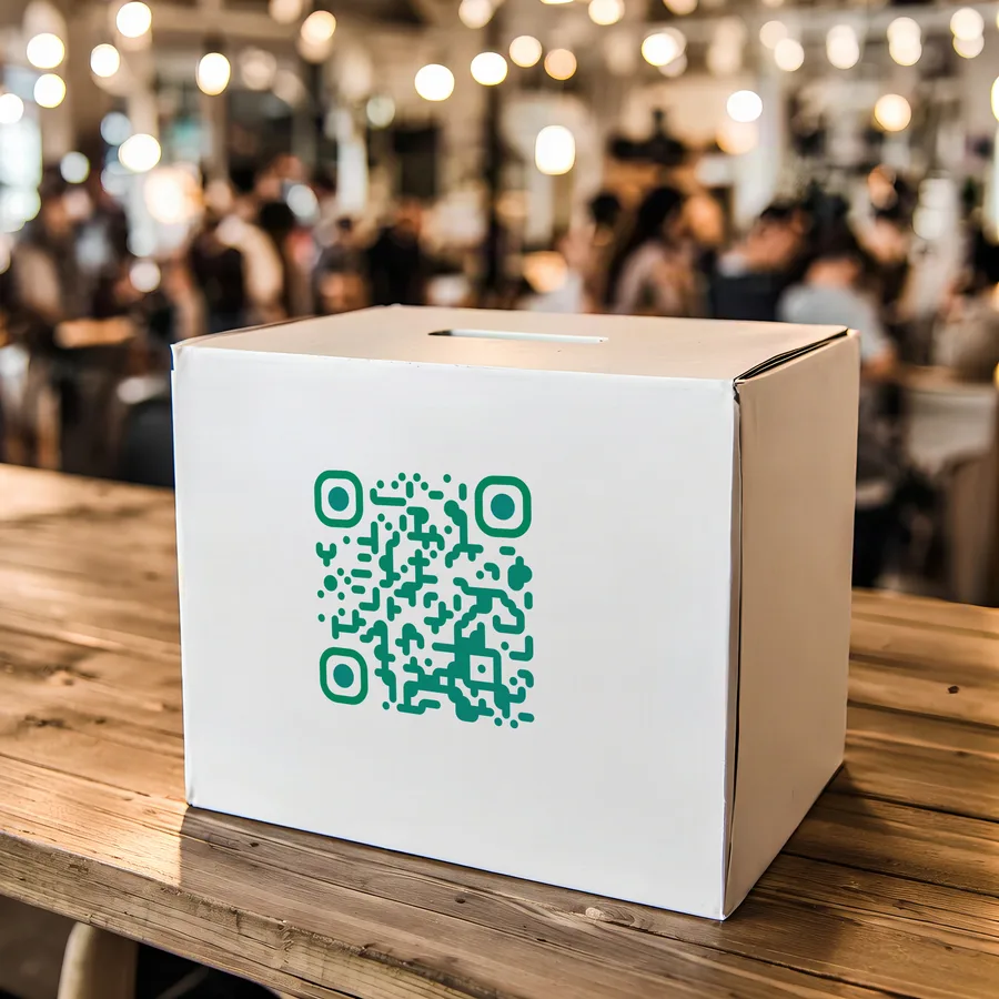 A QR code printed on a donation collection box on a wooden table.