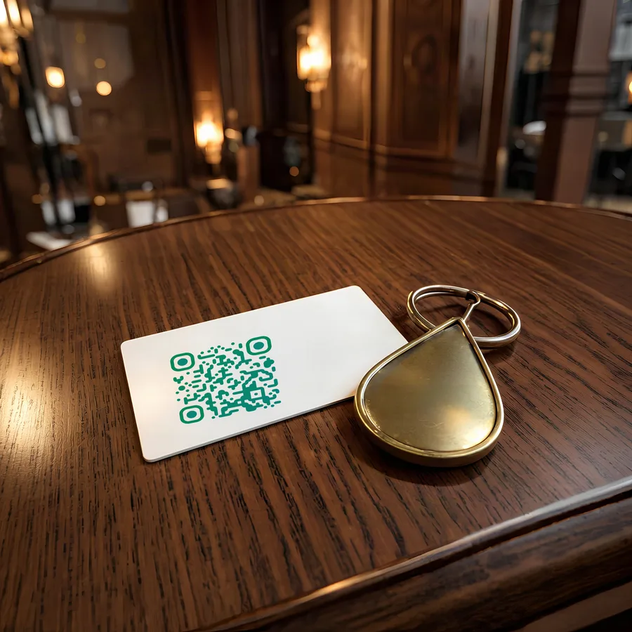 A QR code printed on a hotel key card on a wooden reception desk.