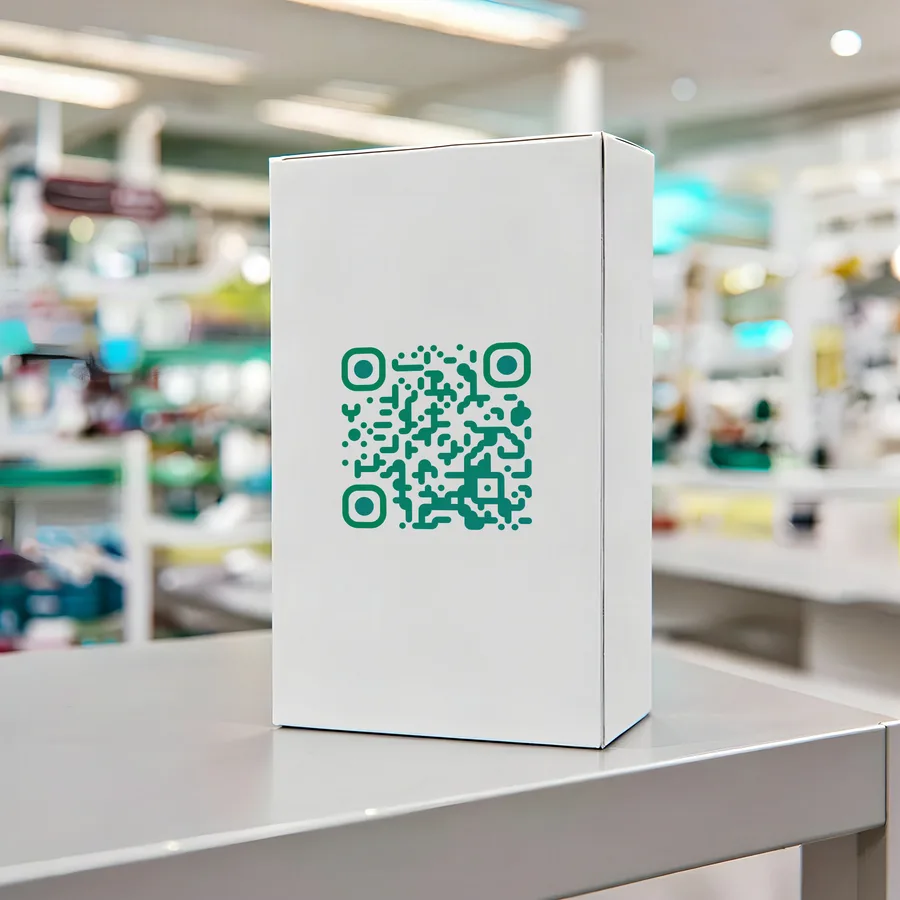 A QR code printed on a medicine carton on a pharmacy counter.