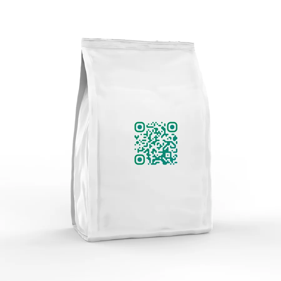 A QR code printed on a stand-up product pouch.