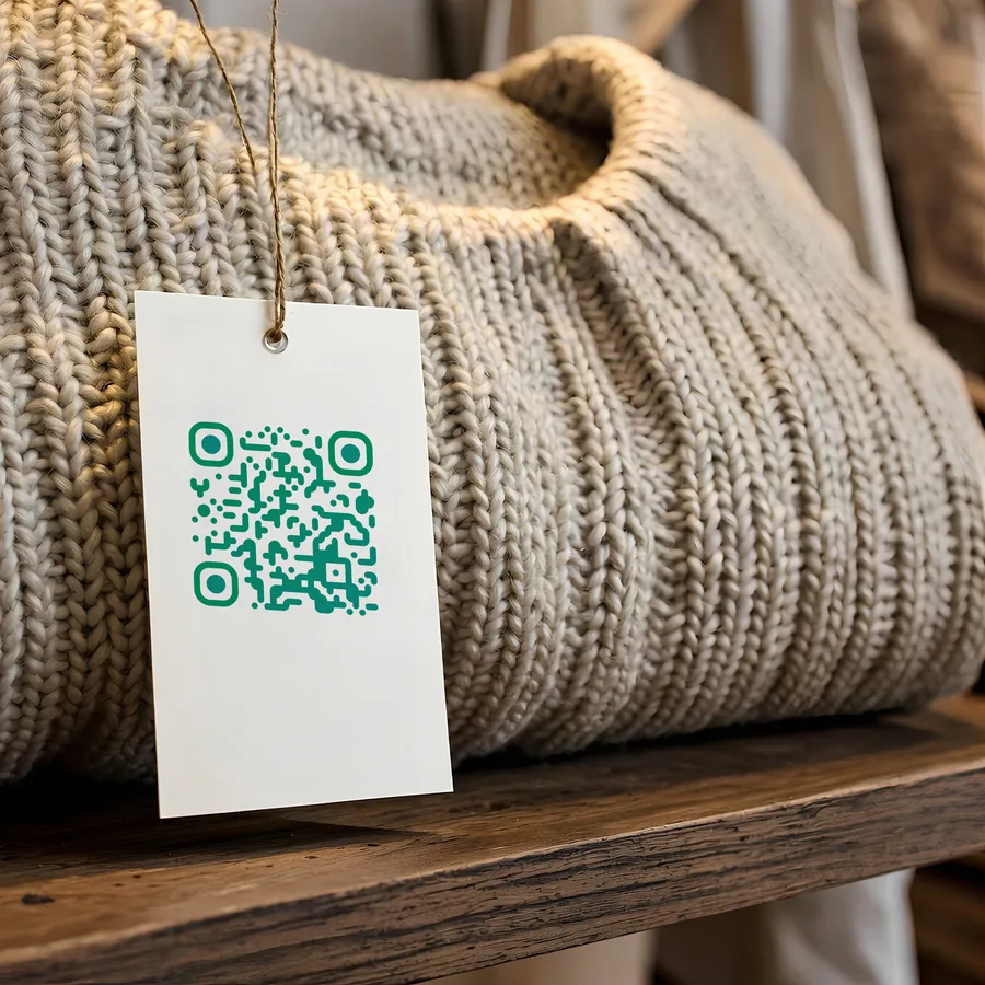 A QR code printed on a swing tag hanging from a knitted jumper.