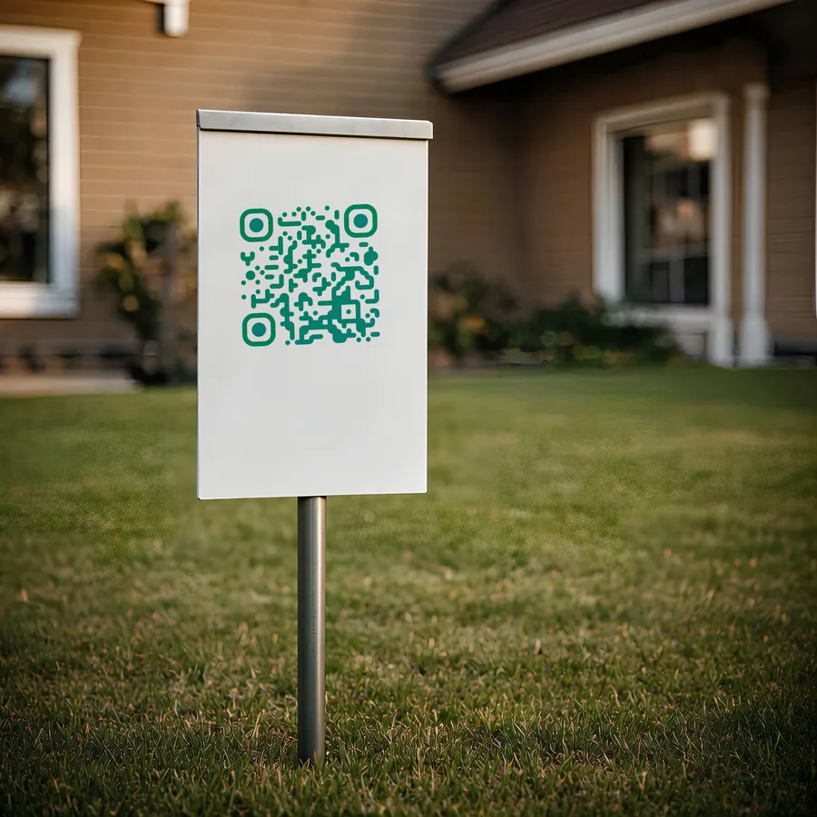 A QR code printed on a white estate agent&rsquo;s board on a lawn outside a house.