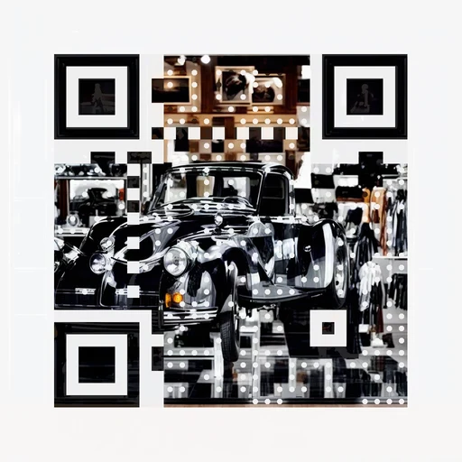 Dark vintage car in a bright white showroom as QR artwork