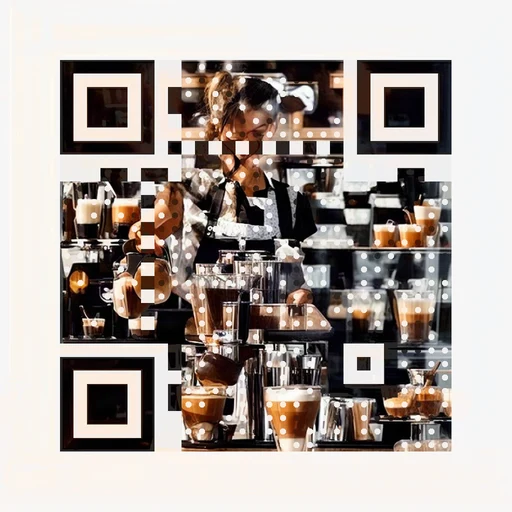 Barista pouring latte art by a bright window as QR artwork