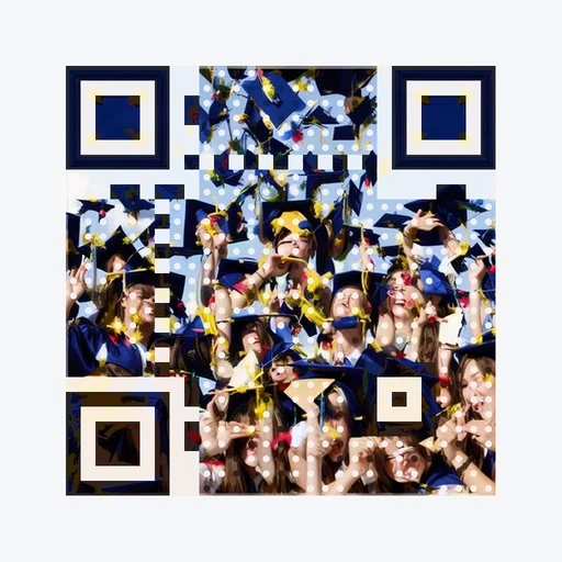 Graduates throwing caps into a bright sky as QR artwork