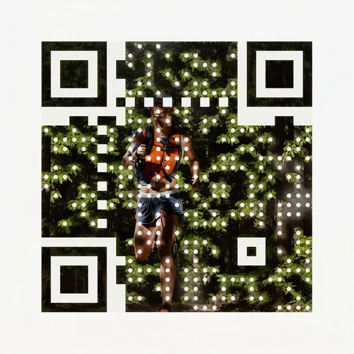 Trail runner on a sunlit forest path as QR artwork