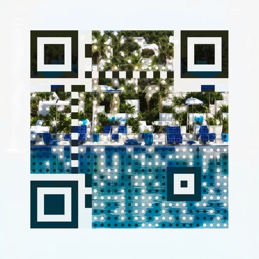 Resort pool with palms and umbrellas as QR artwork