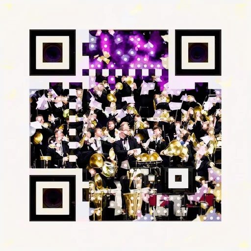 Brass band with gold instruments under stage lights as QR artwork