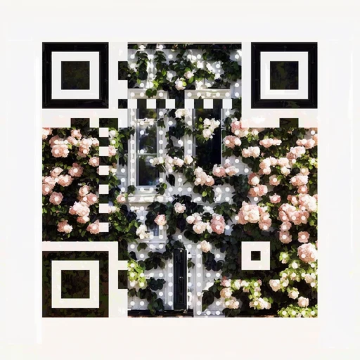 White house facade with dark windows under climbing roses as QR artwork