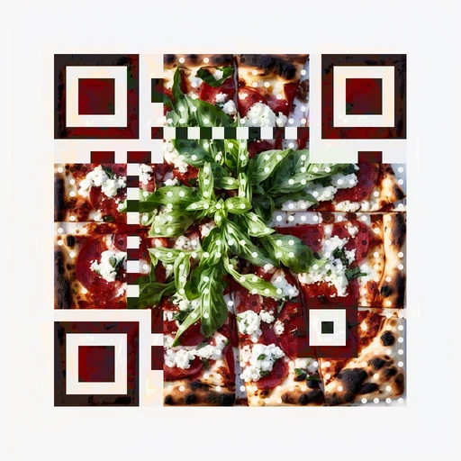 Margherita pizza on bright marble woven into a scannable QR artwork