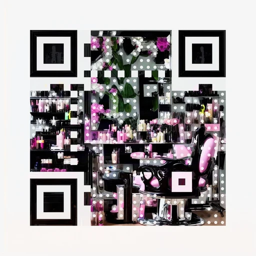 Dark styling chair at a bright salon mirror as QR artwork