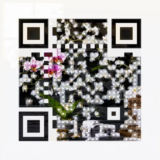 Orchids, towels and dark spa stones in window light as QR artwork