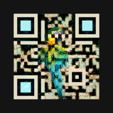 Macaw QR art with turquoise feathers and a golden breast
