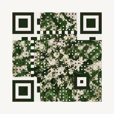 Botanical QR artwork in green and ivory