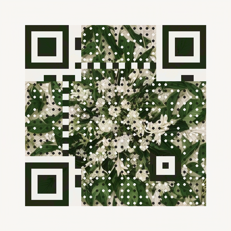 Botanical QR art combining green leaves and ivory flowers