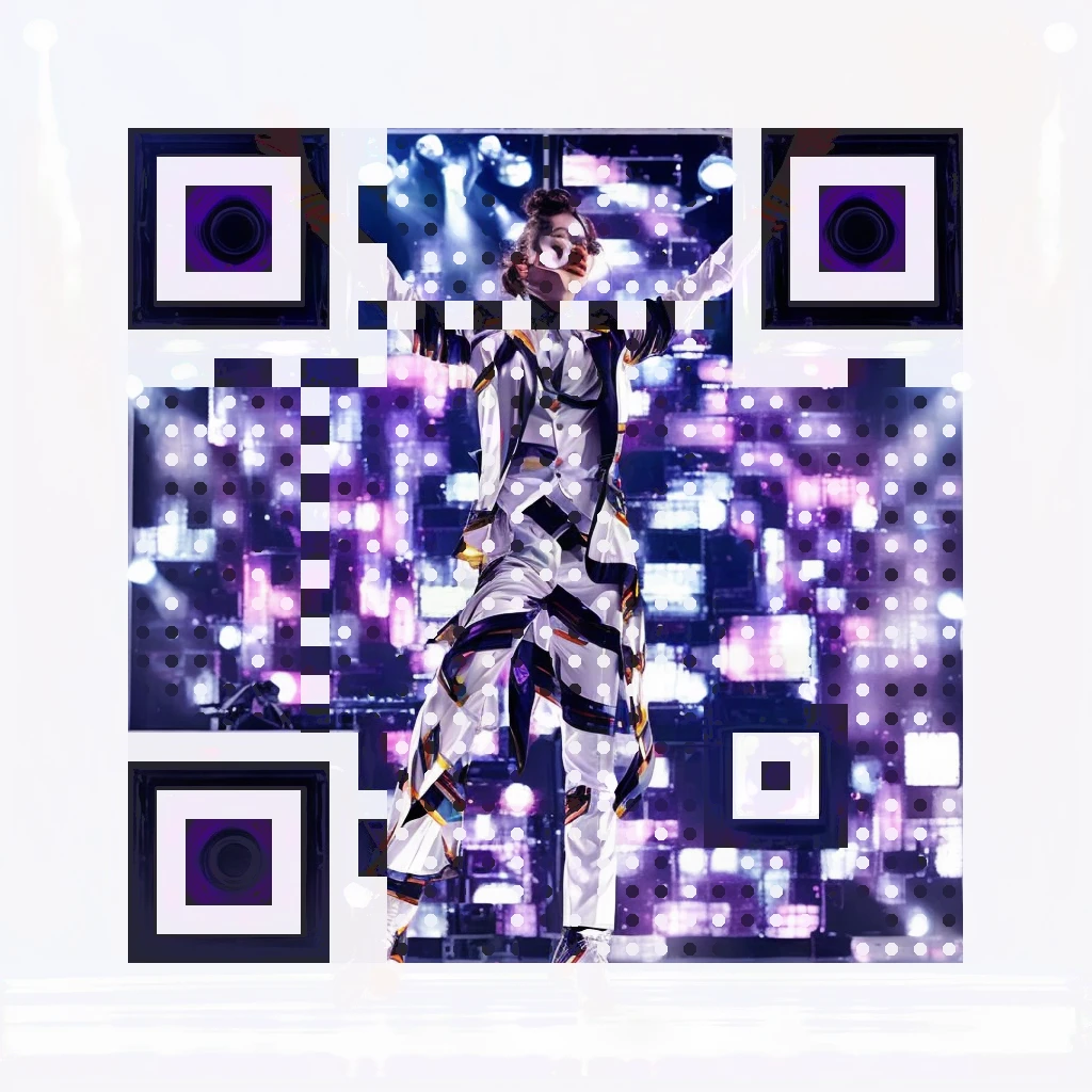Dancer in a white suit under bright stage lights as QR art