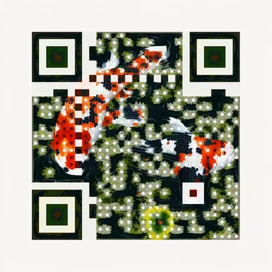Koi pond QR art with orange and white fish among dark lily pads