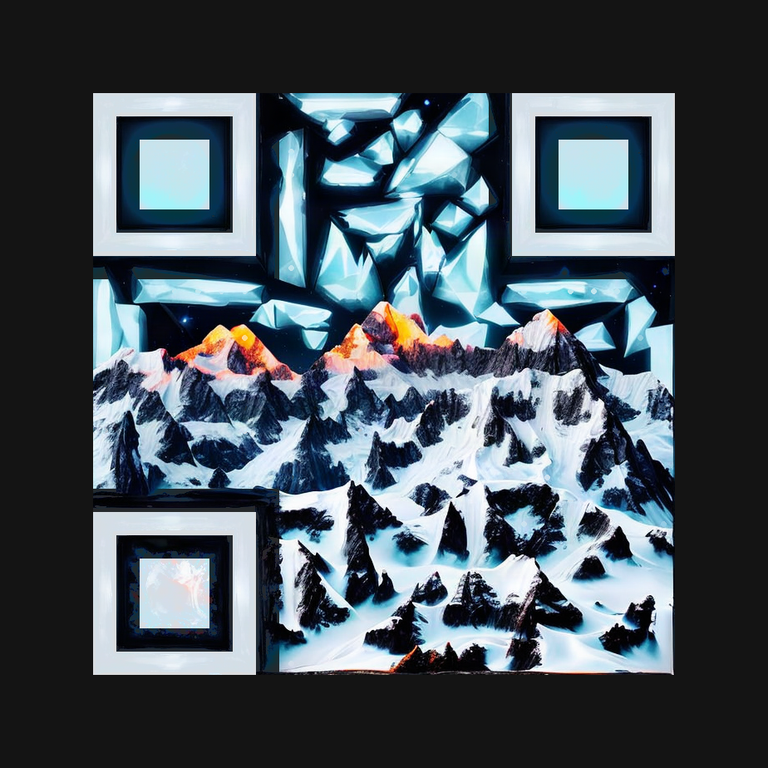 Mountain QR art with snow, blue shadows and an orange summit