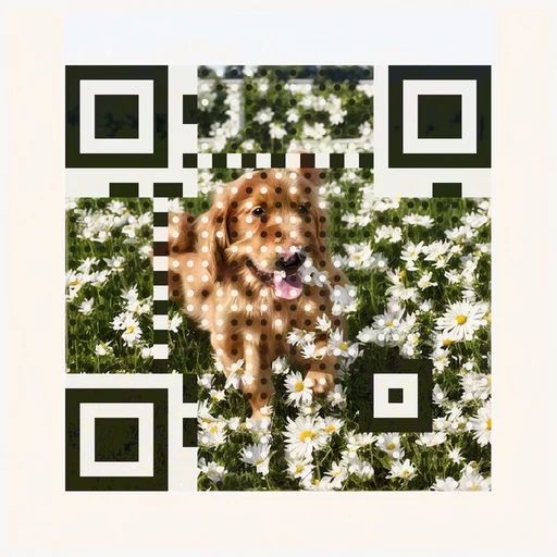Golden retriever puppy in a sunlit daisy meadow woven into a QR code
