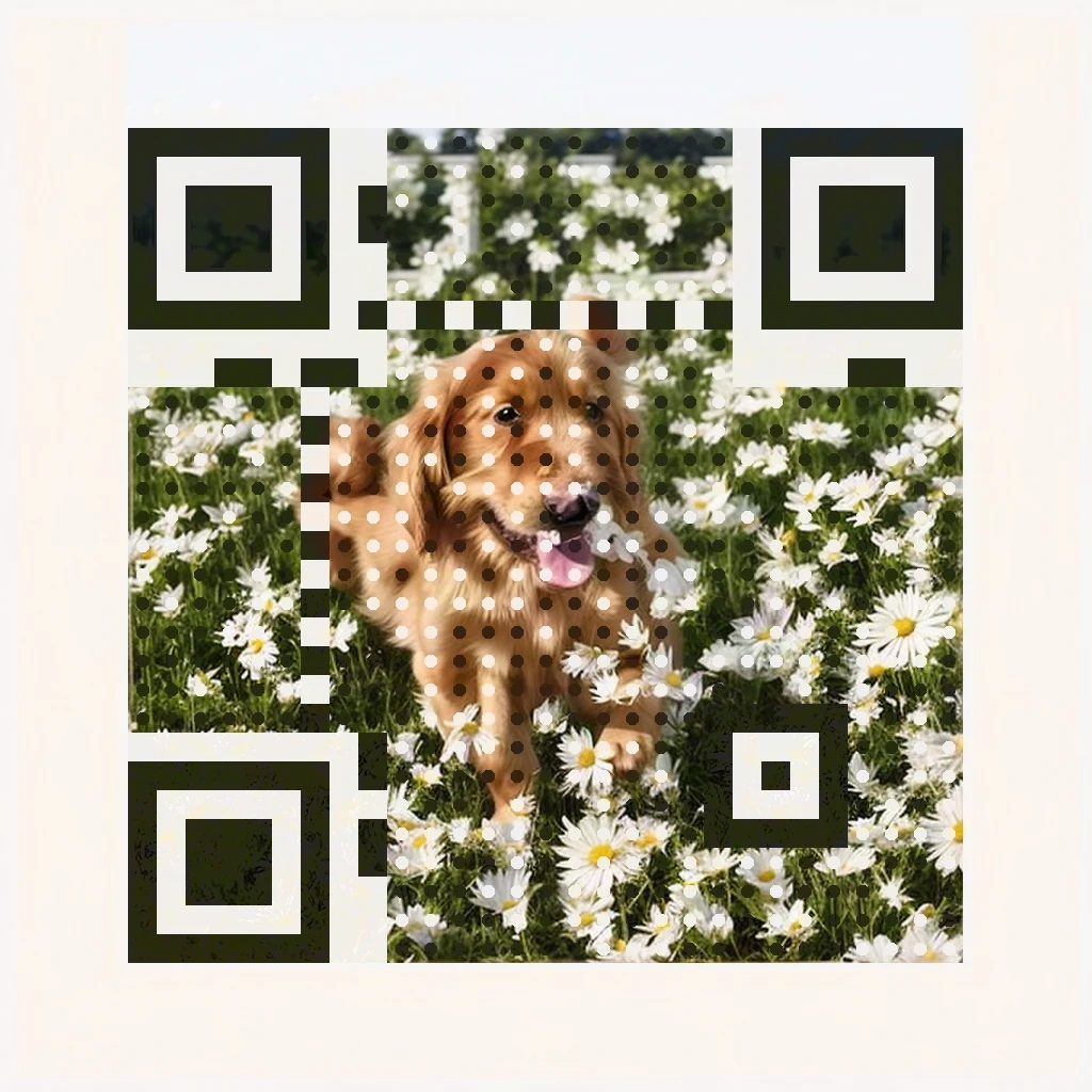 Golden retriever puppy sitting in a sunlit daisy meadow as QR art