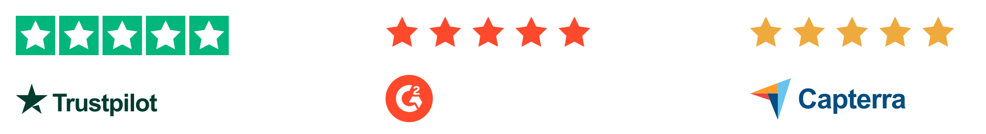 Design preview: Trustpilot, G2 and Capterra with sample five-star ratings.